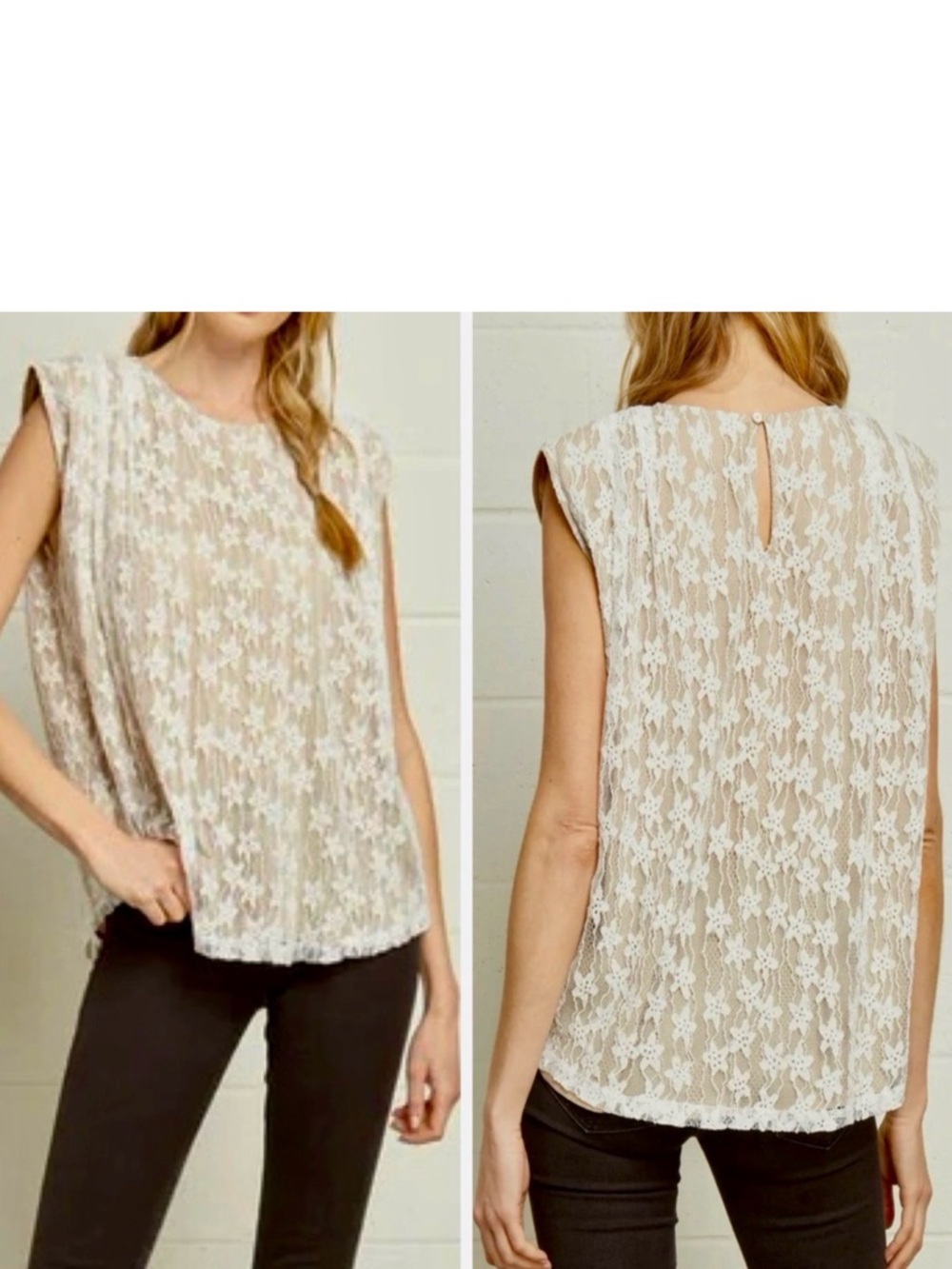 ENTRO Sleeveless Lace Cap Sleeve Blouse w Shoulder Pads - Tan & Cream
